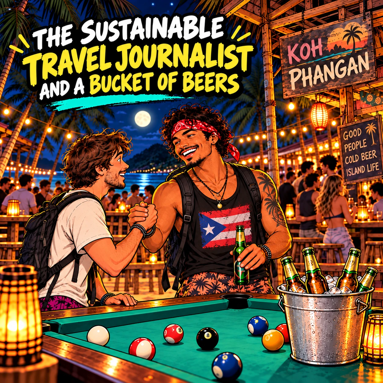 Comic-style illustration of two backpackers meeting beside a pool table at a beach bar on Koh Phangan with a bucket of beers