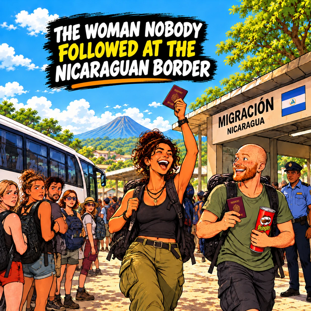 Comic-style illustration of a happy backpacker holding up her passport at the Nicaraguan border while other travellers look on with confusion and envy