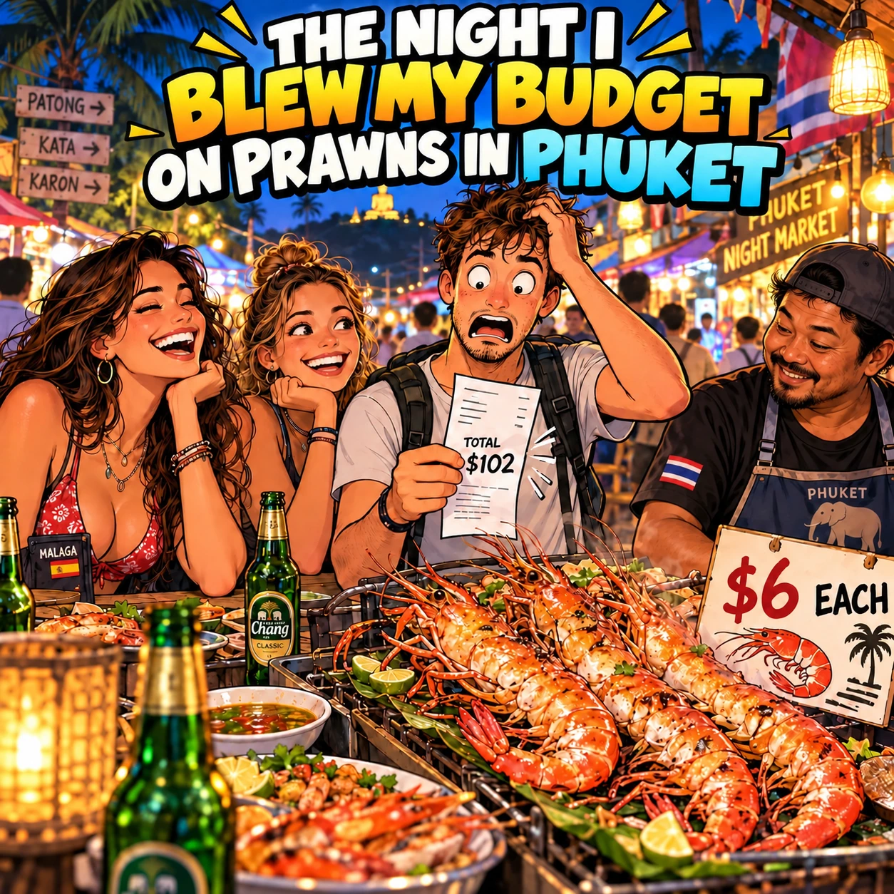 Comic-style illustration of a young backpacker at a Phuket night market reacting in shock to a large prawn bill while two Spanish travellers laugh nearby