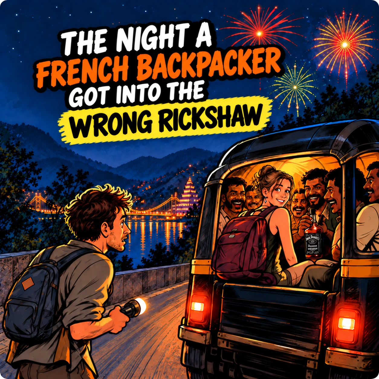 Comic-style illustration of a Diwali night in Rishikesh with fireworks, a rickshaw and backpackers on a dark mountain road